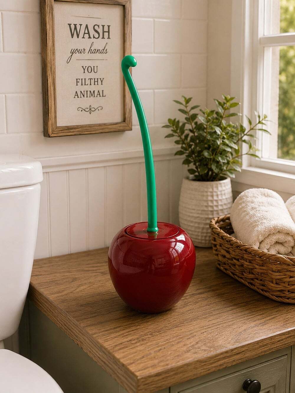 New Funny Red Cherry W/ Stem Fruit Toilet Bowl Brush & Holder Set Bathroom